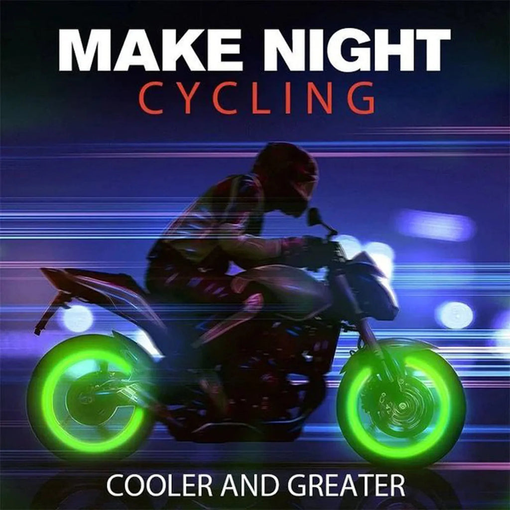 Rubber luminous tyre valve caps in multiple colours showing pack size options for bicycle and motorbike wheels