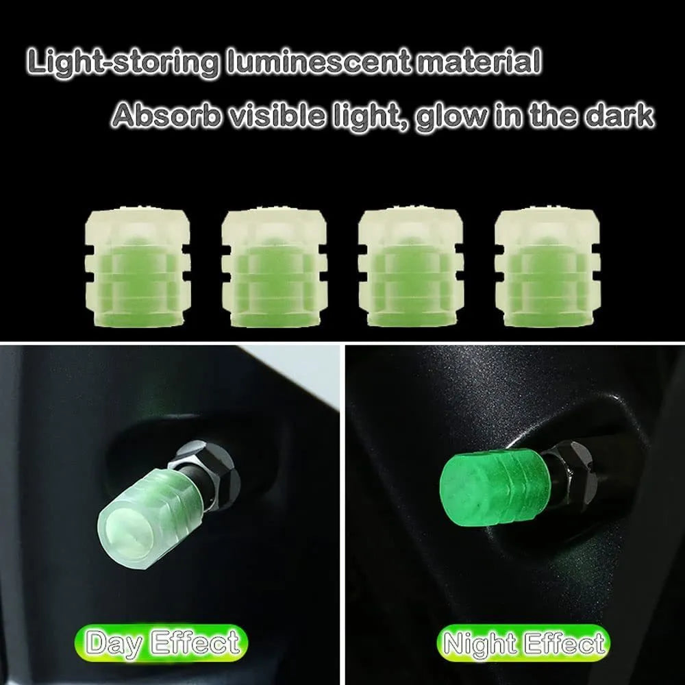 Rubber luminous tyre valve caps in multiple colours showing pack size options for bicycle and motorbike wheels