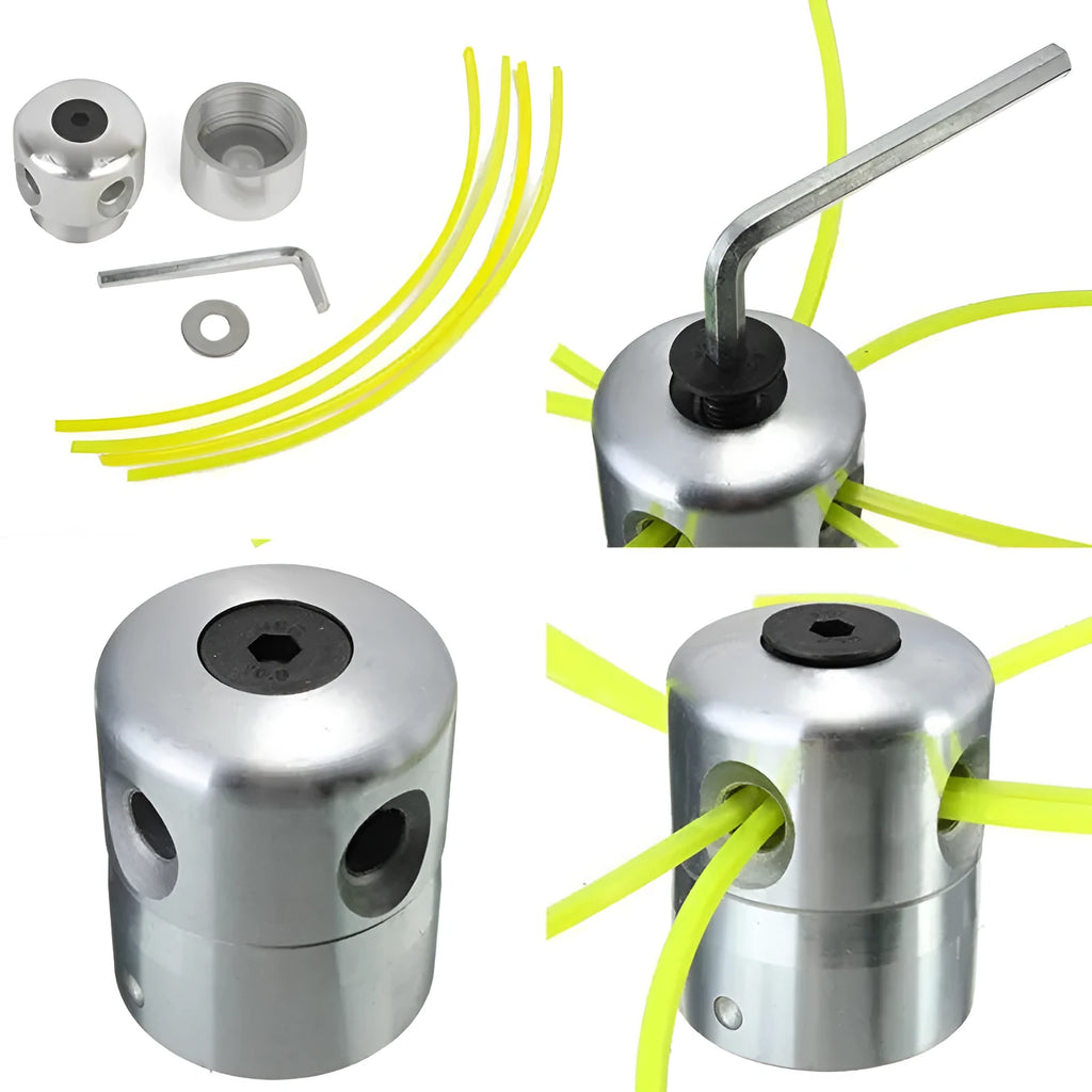 Silver aluminium grass trimmer head with four light yellow square strings for lawn mower replacement