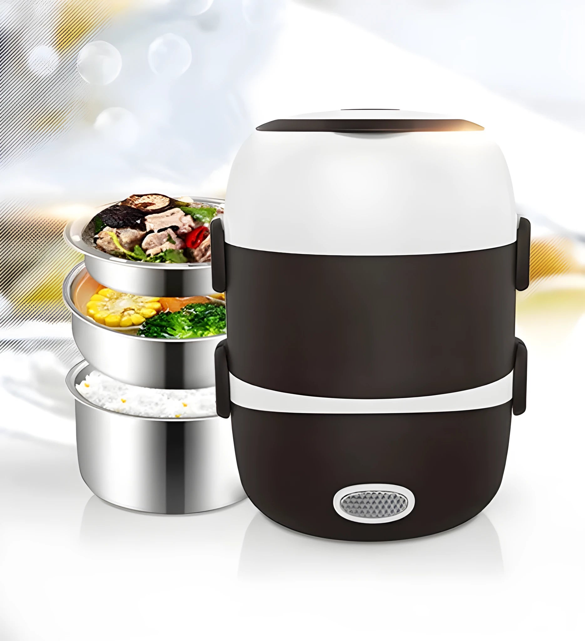 USB-powered thermal lunch box showing 190mm cubic dimensions and heating indicator light