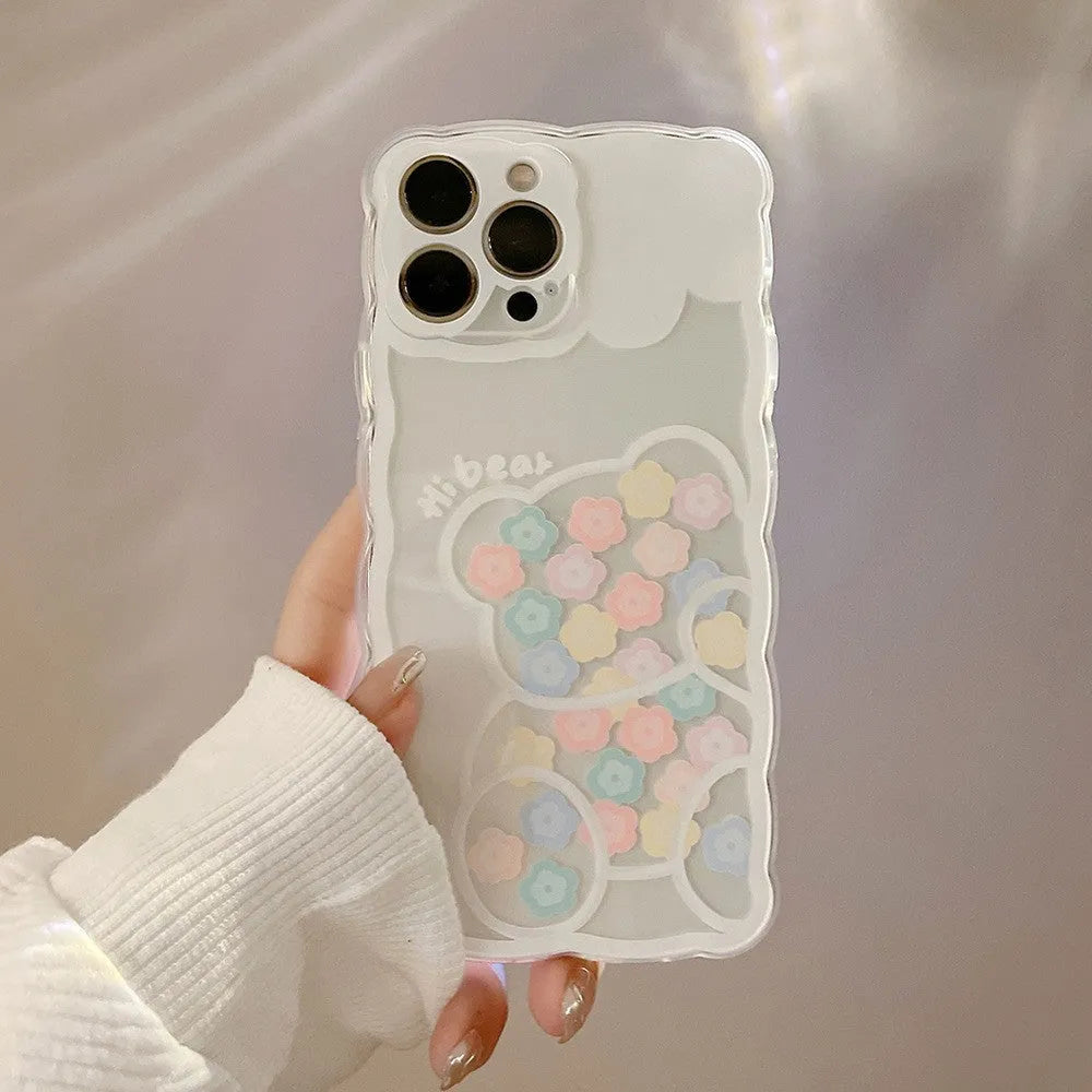 Wave edge silicone phone case for Apple iPhone with transparent oil painting blueberry flower design and wavy pattern