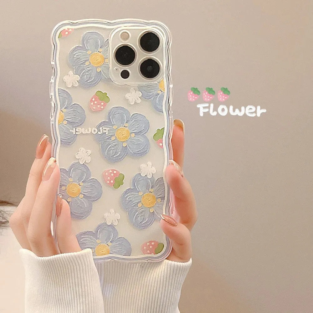 Wave edge silicone phone case for Apple iPhone with transparent oil painting blueberry flower design and wavy pattern