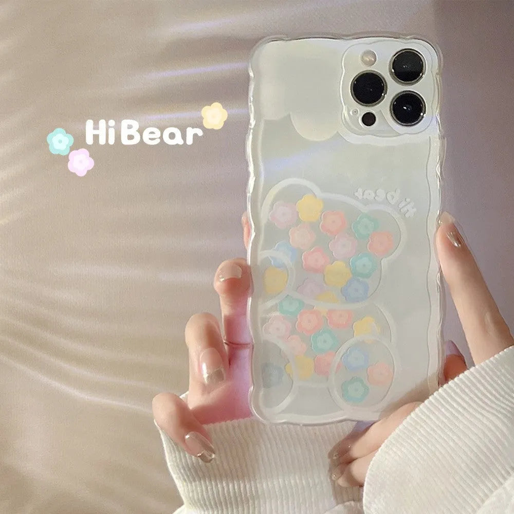 Wave edge silicone phone case for Apple iPhone with transparent oil painting blueberry flower design and wavy pattern