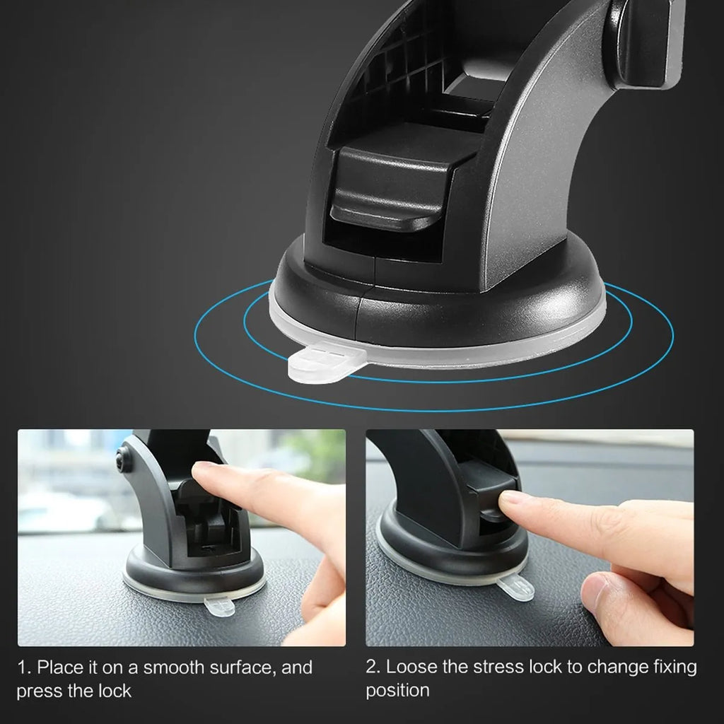 Yellow and black telescopic car phone holder with suction cup mount on textured dashboard