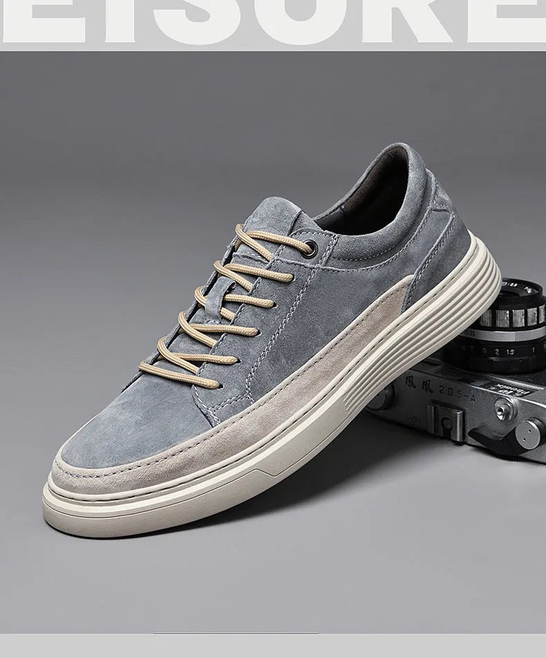 Men's grey pigskin leather skate shoes with rubber sole and lace-up front