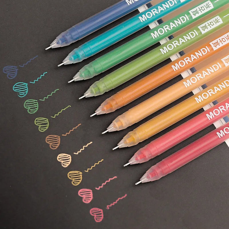 Set of nine Japanese-style colour gel pens with 0.5mm needle tips, showing retro and solid colour designs.