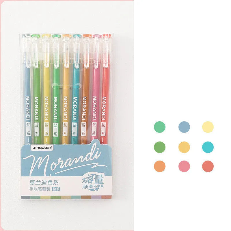 Set of nine Japanese-style colour gel pens with 0.5mm needle tips, showing retro and solid colour designs.
