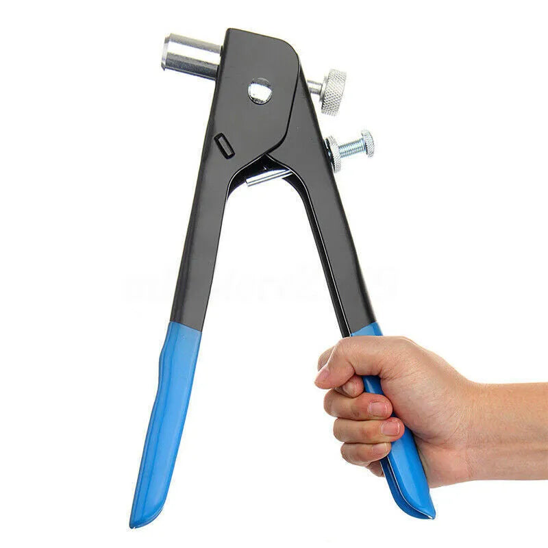 Manual hand riveter gun with an assortment of alloy steel rivet nuts and mandrels on a workbench.