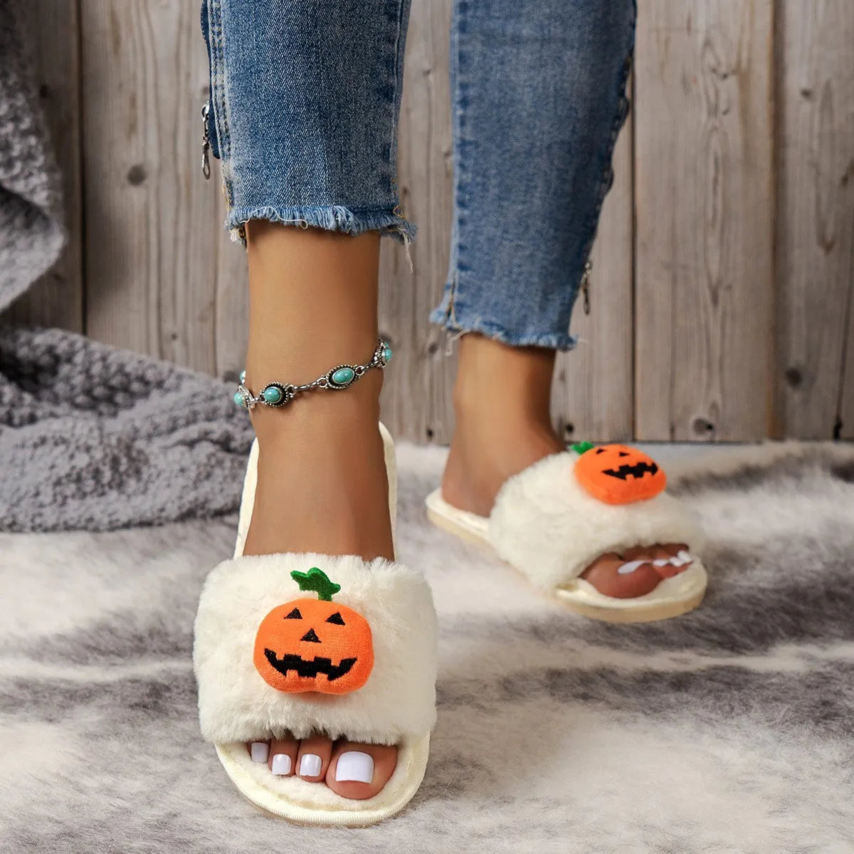 Halloween pumpkin cartoon plush slippers with synthetic fur upper and anti-slip PVC soles