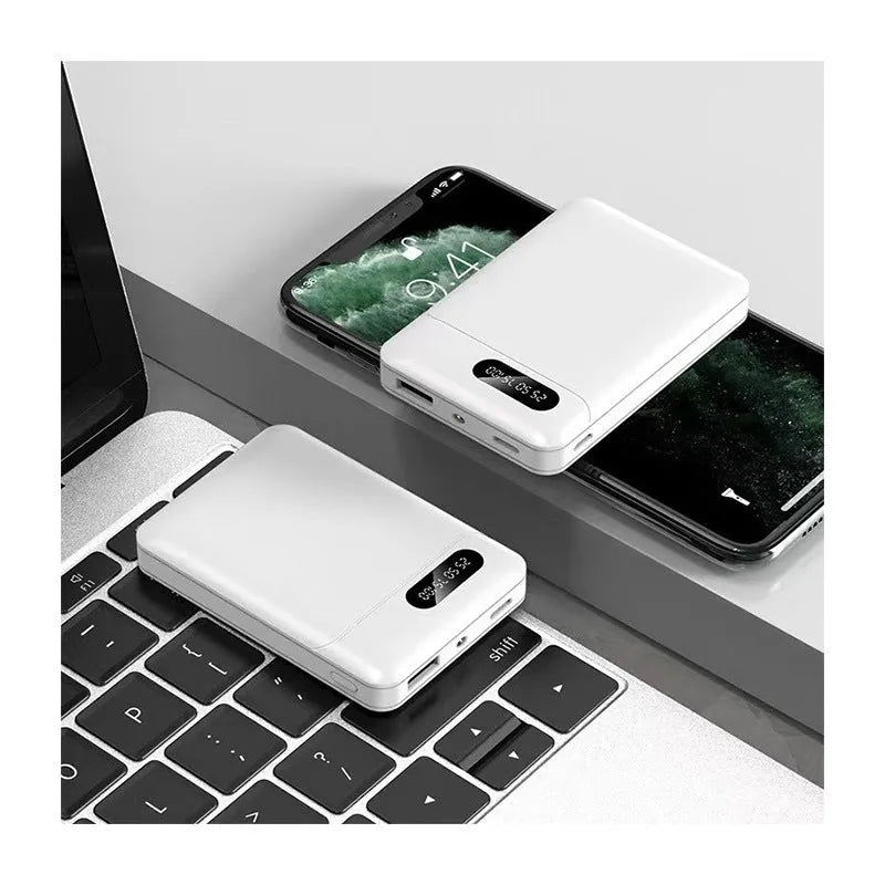 Black and white plastic power bank with USB ports and 10000mAh capacity