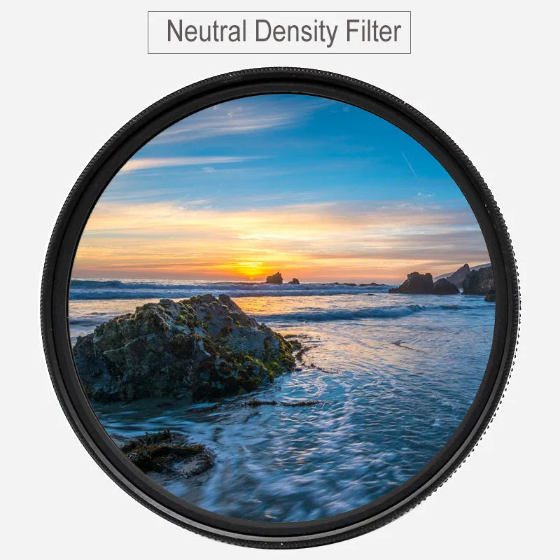 ND8 camera filter in aviation aluminium frame with optical resin lens showing thread size markings