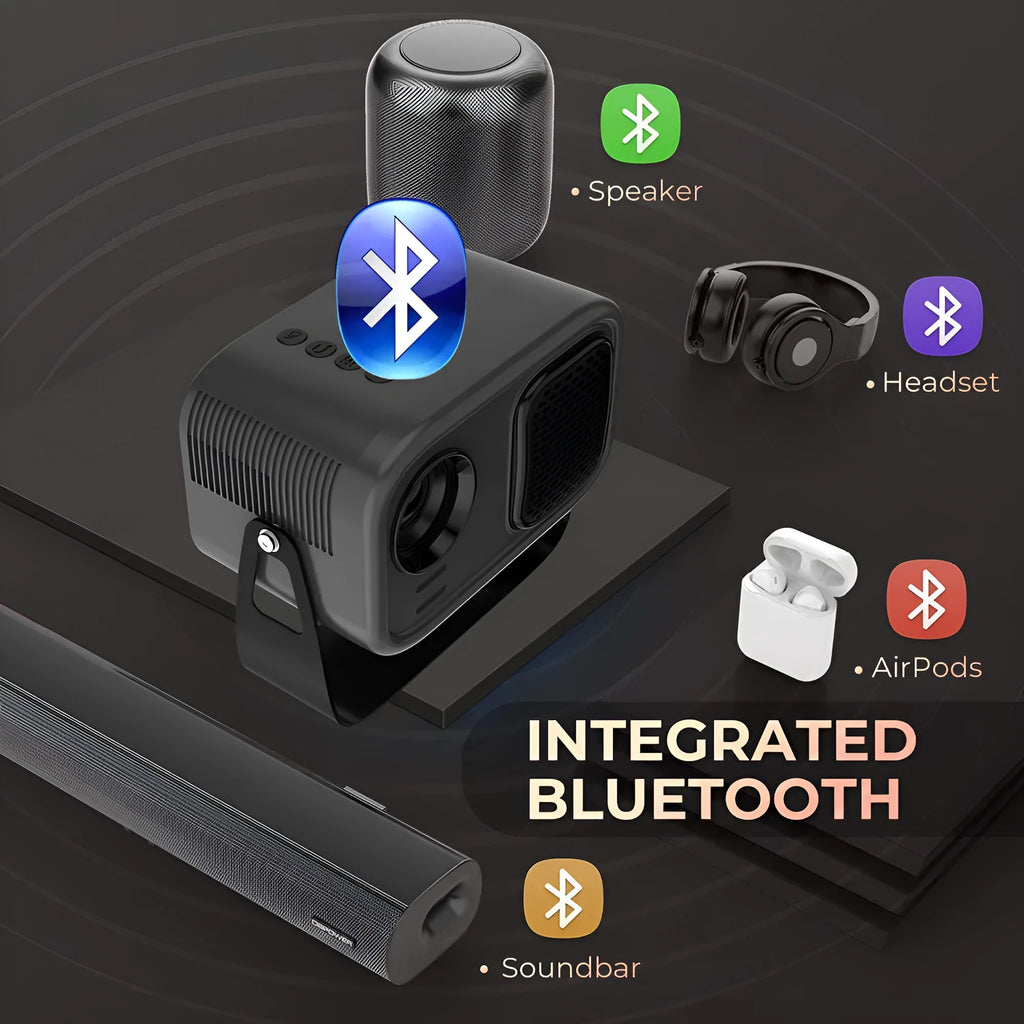 Black Android smart portable HD projector with remote control on table