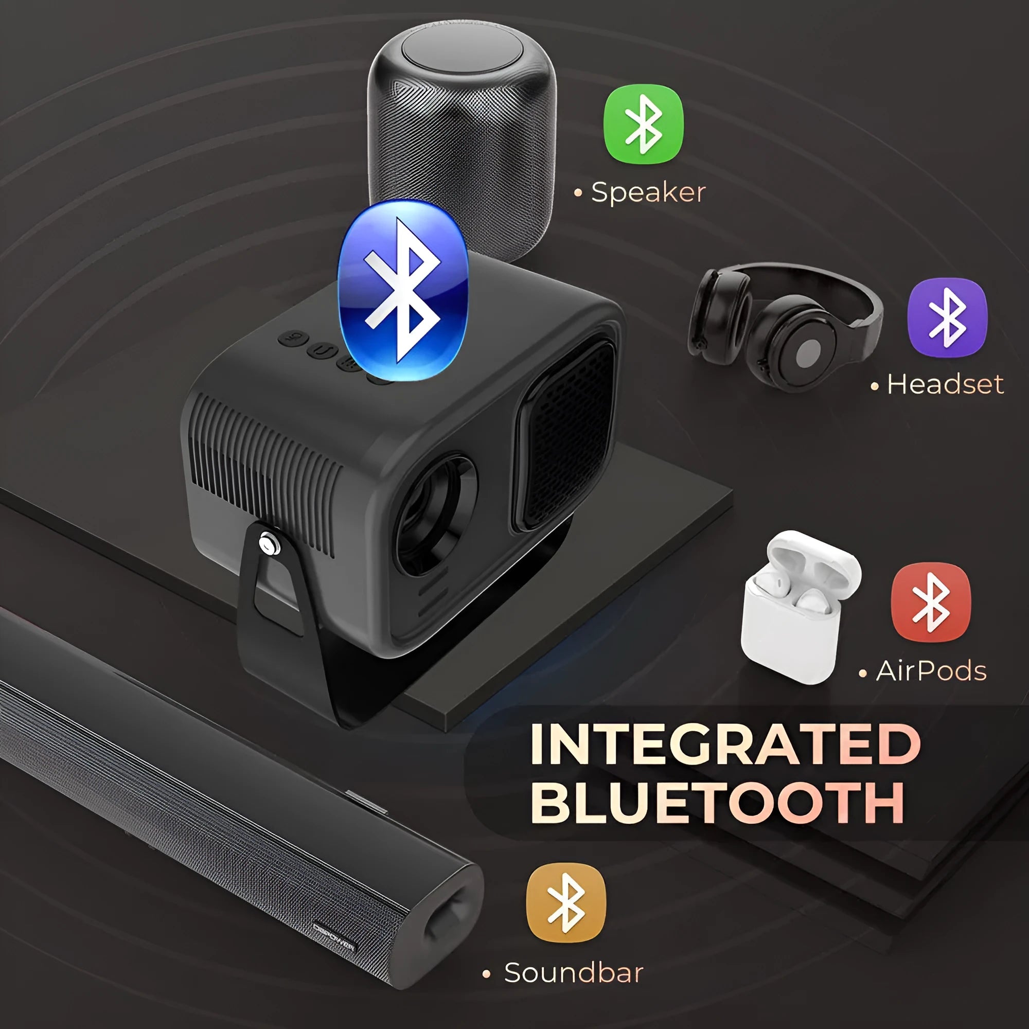 Black Android smart portable HD projector with remote control on table