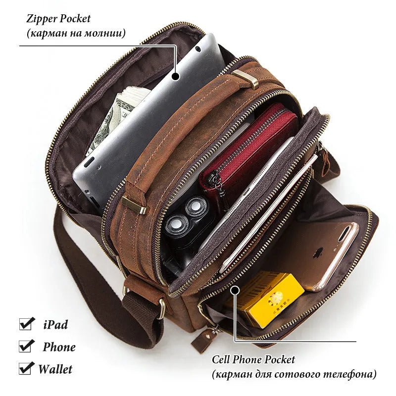 Men's vintage style leather crossbody bag in brown with visible stitching details