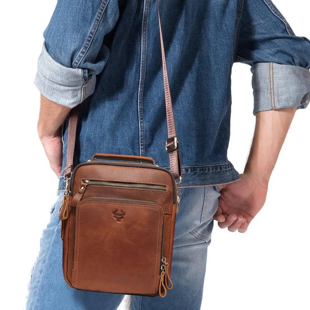 Men's vintage style leather crossbody bag in brown with visible stitching details