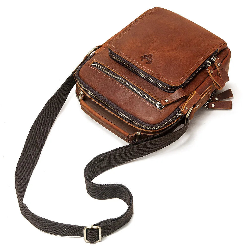Men's vintage style leather crossbody bag in brown with visible stitching details