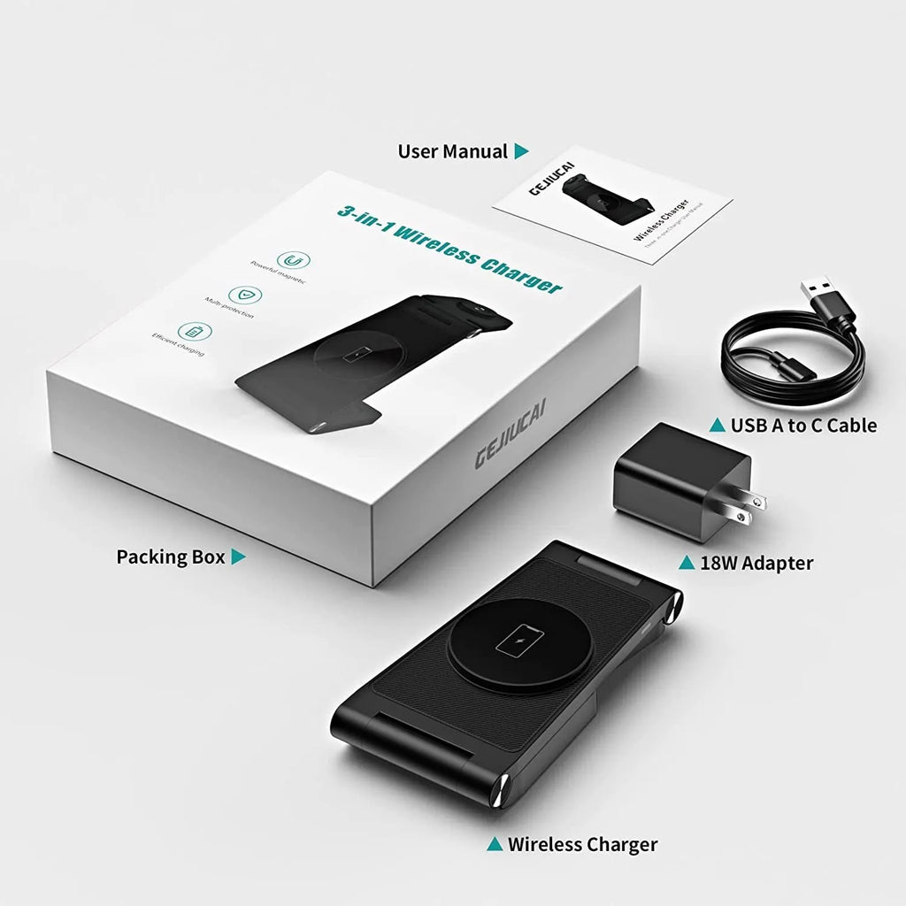 New vertical folding magnetic three-in-one wireless charger in black on a desk charging a smartphone, watch, and earbuds