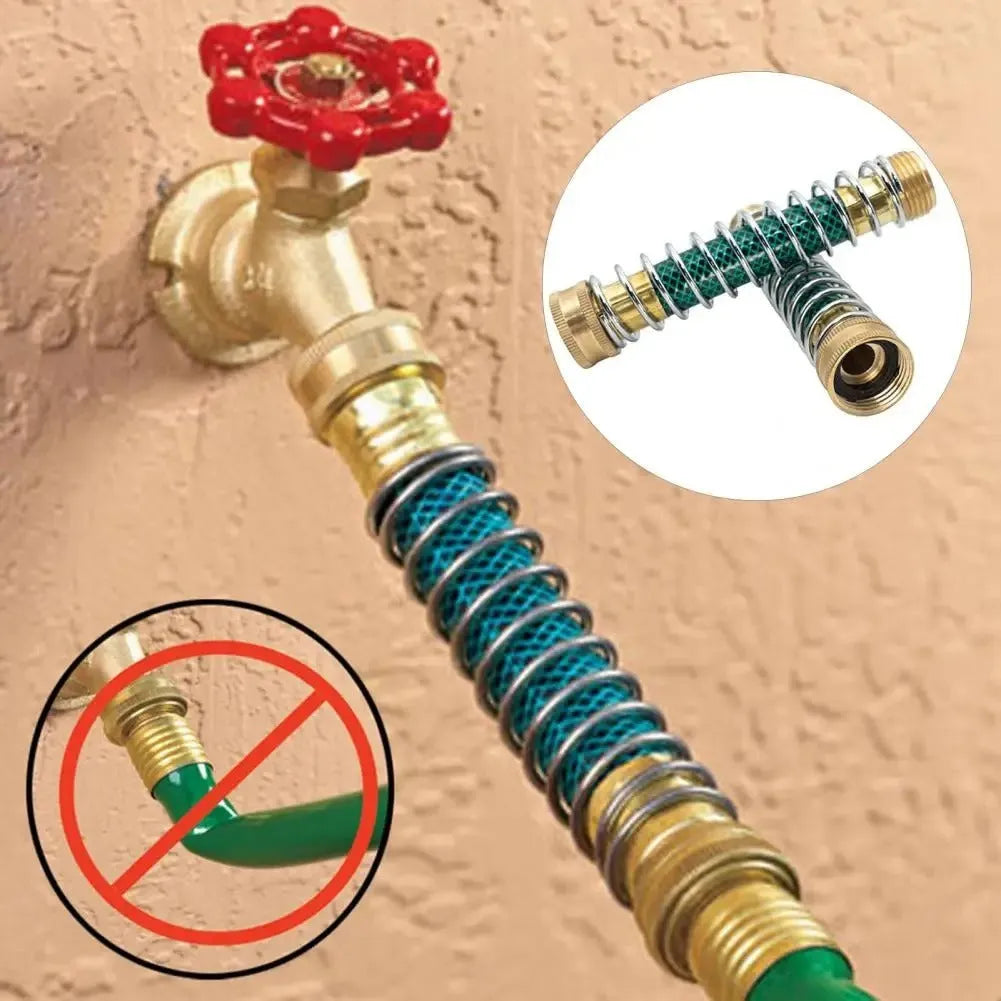Brass spring hose connector for garden irrigation with 15cm length and threaded connections