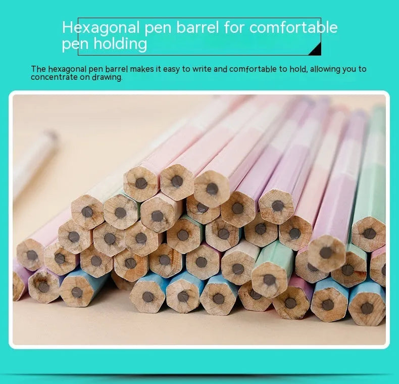 Fifty basswood hexagonal HB pencils in a wooden storage barrel for bulk stationery supply