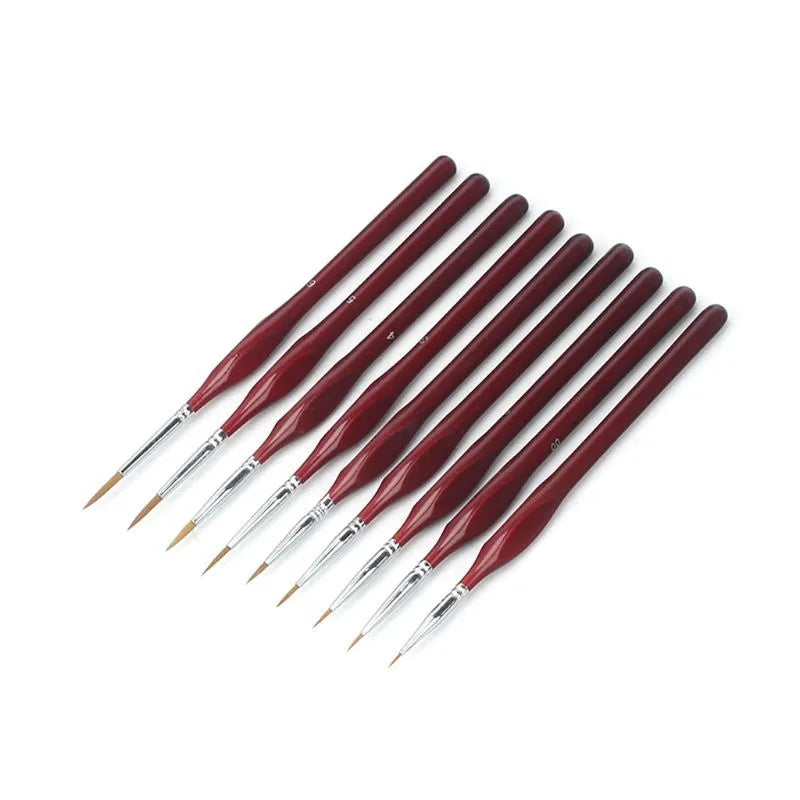 9-piece fine tip detail brush set with wood handles in black and red, nine nib sizes 000-6 for nail art and painting