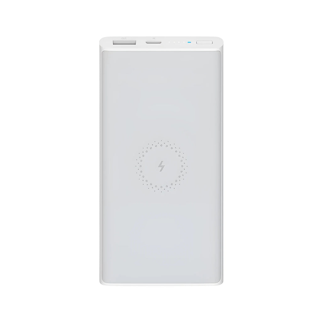 White 10000mAh power bank with USB port and wireless charging surface