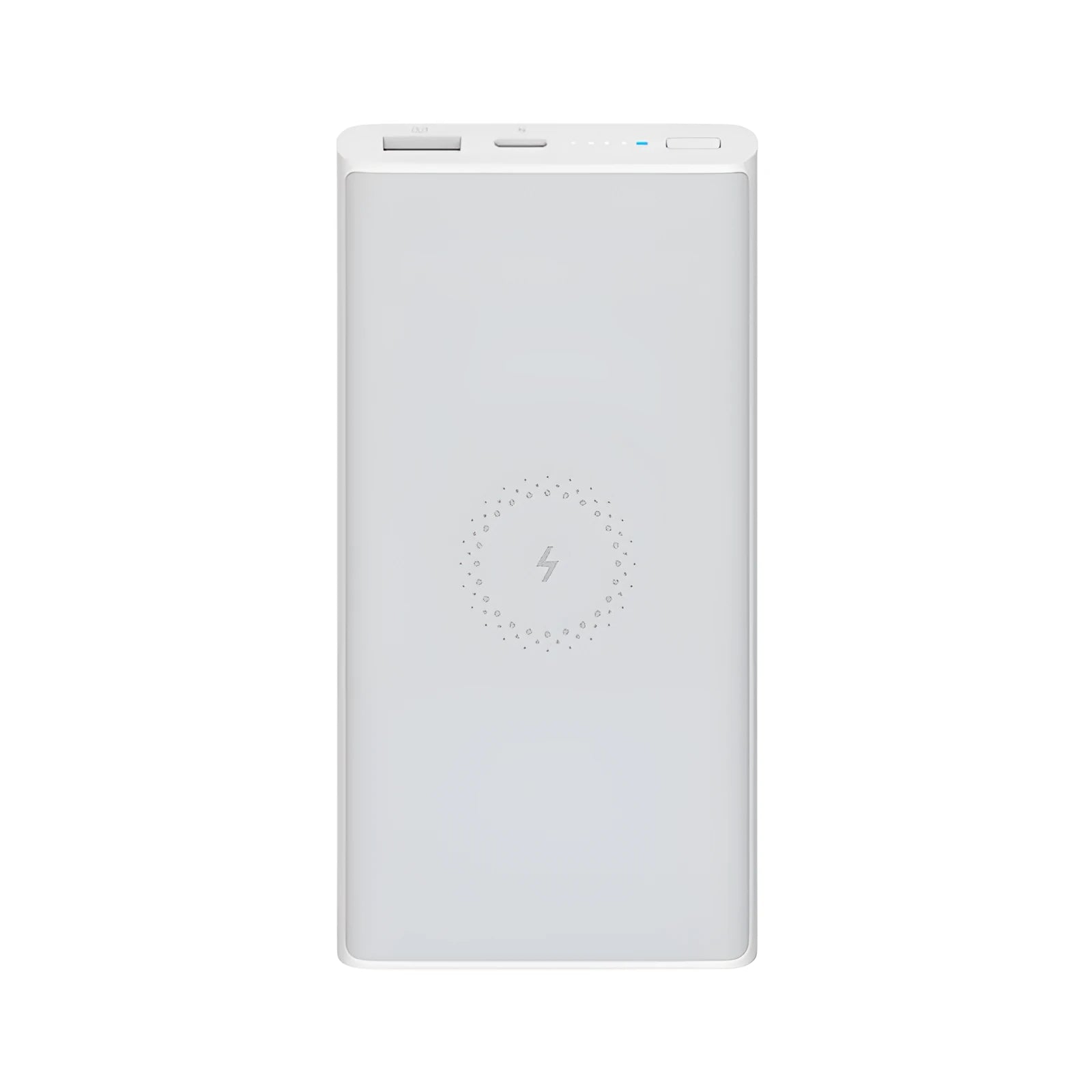 White 10000mAh power bank with USB port and wireless charging surface