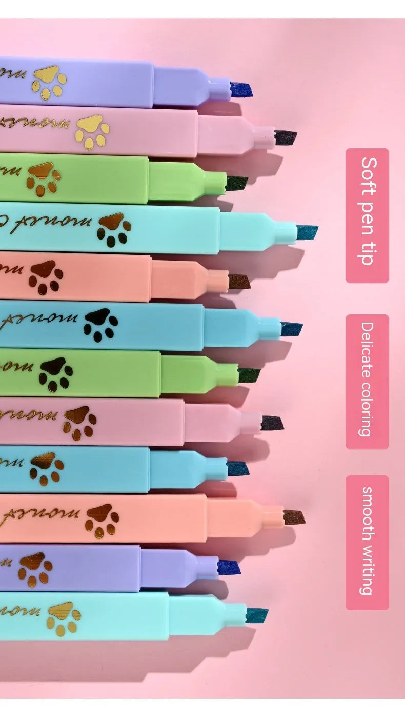 Cat's Paw themed box containing six fluorescent marking pens with oblique nibs in assorted colours