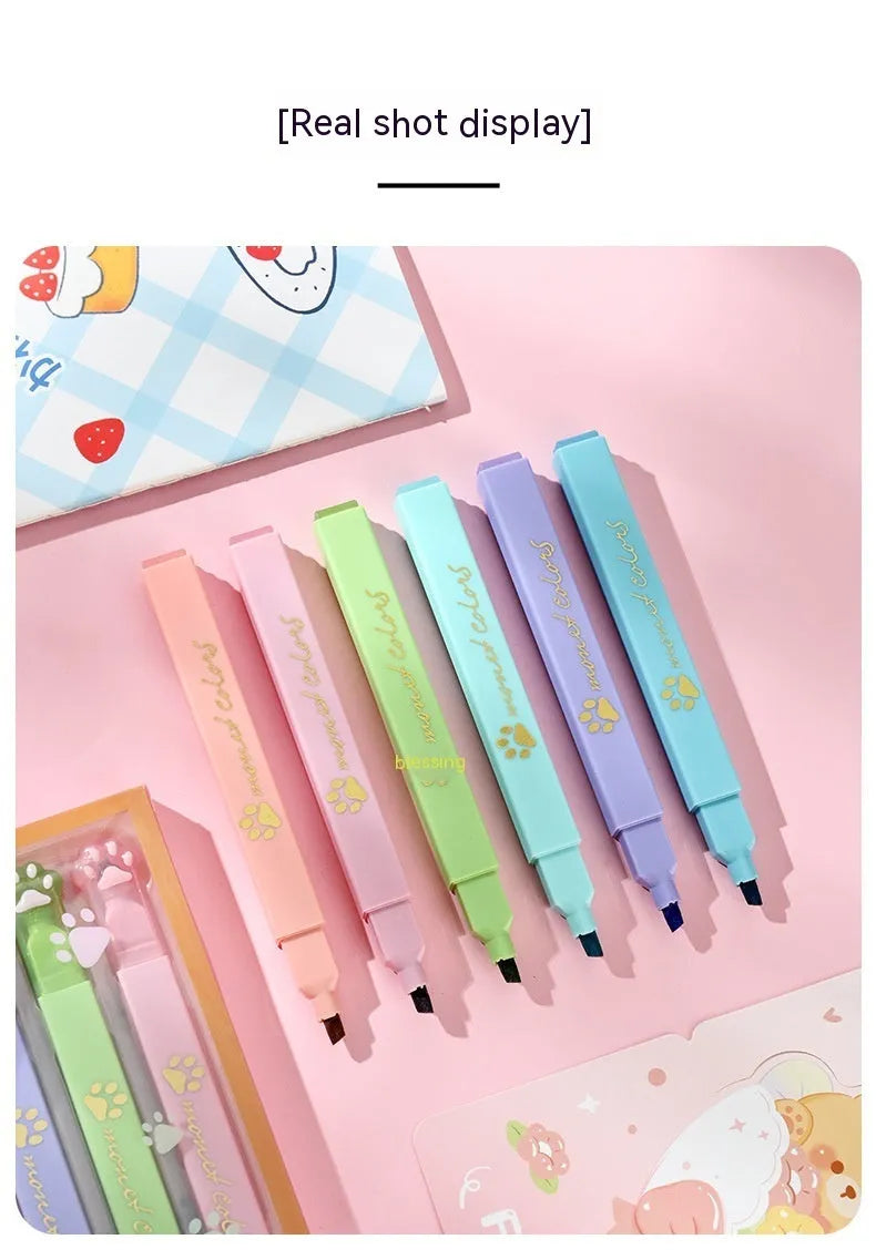 Cat's Paw themed box containing six fluorescent marking pens with oblique nibs in assorted colours