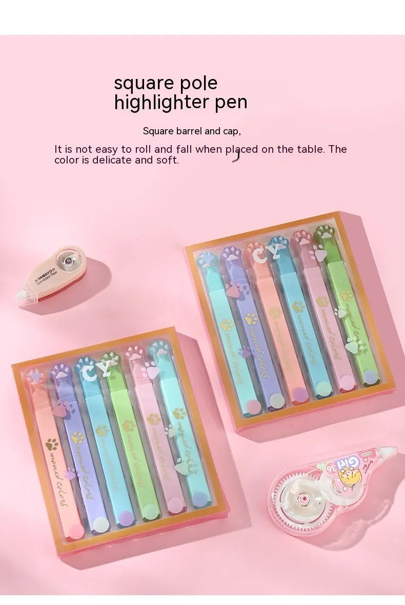 Cat's Paw themed box containing six fluorescent marking pens with oblique nibs in assorted colours