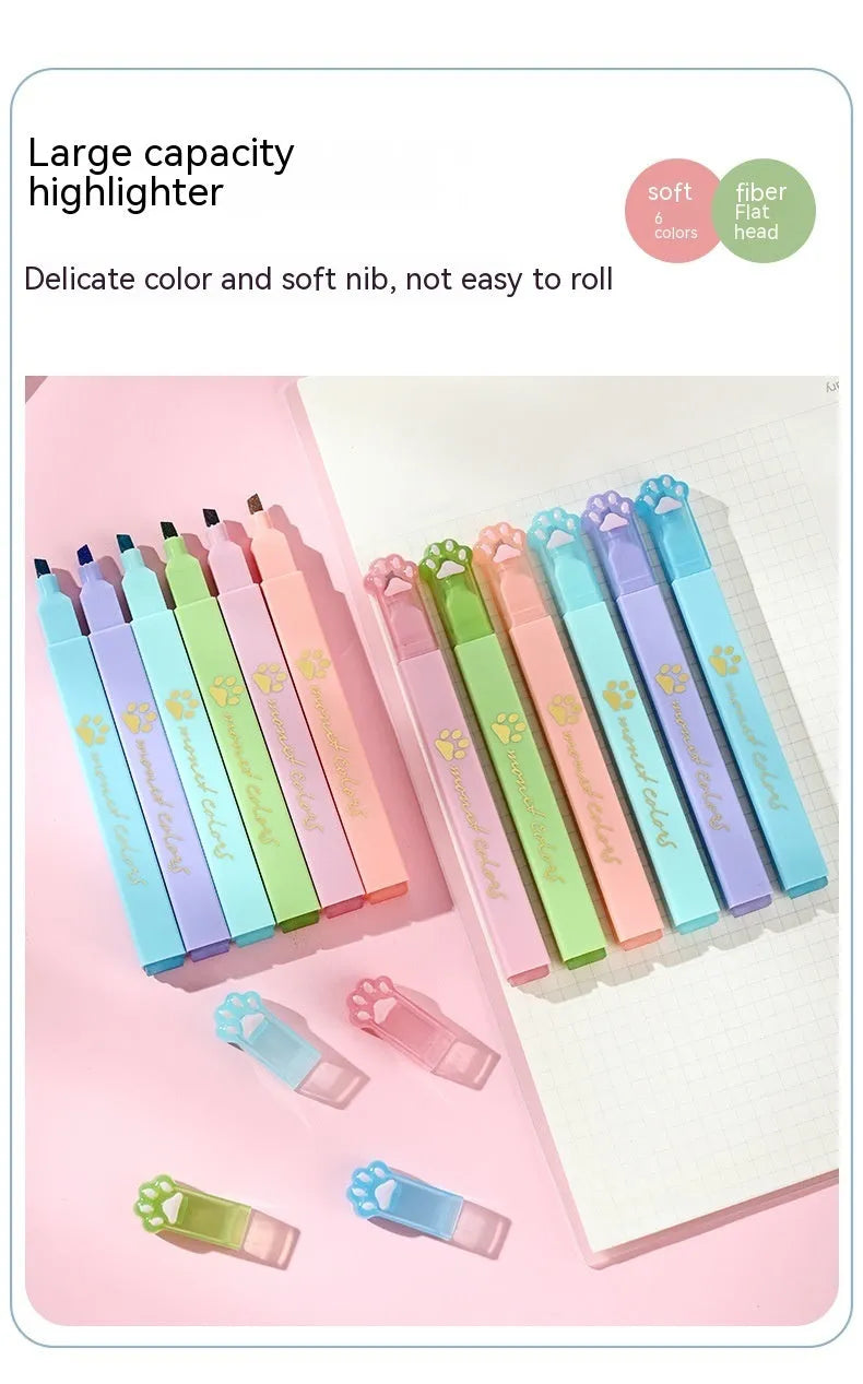 Cat's Paw themed box containing six fluorescent marking pens with oblique nibs in assorted colours