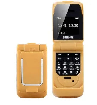 Mini flip phone in six colours with flip cover open showing small screen