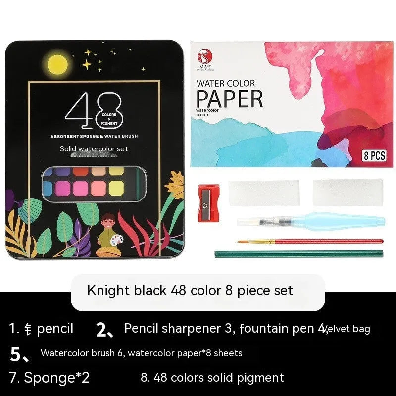 48-colour solid watercolour paint set in box with Black Knight, Girl Pink, and Sunshine Blue shades