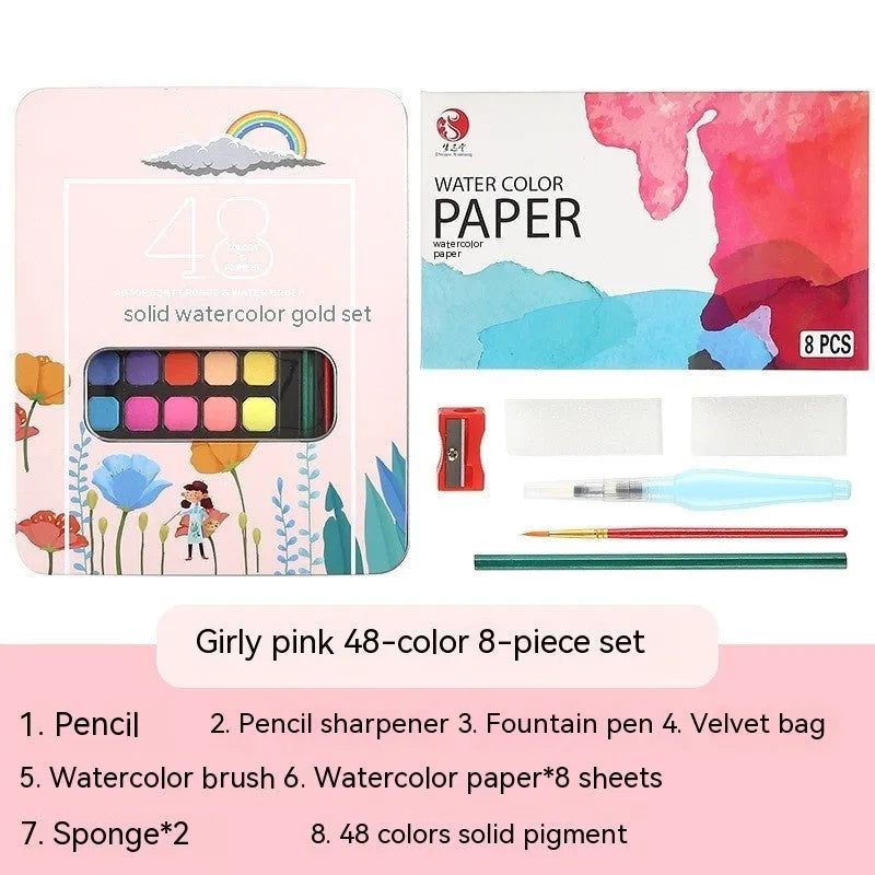 48-colour solid watercolour paint set in box with Black Knight, Girl Pink, and Sunshine Blue shades
