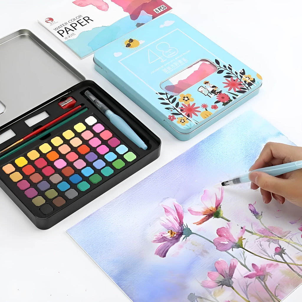 48-colour solid watercolour paint set in box with Black Knight, Girl Pink, and Sunshine Blue shades