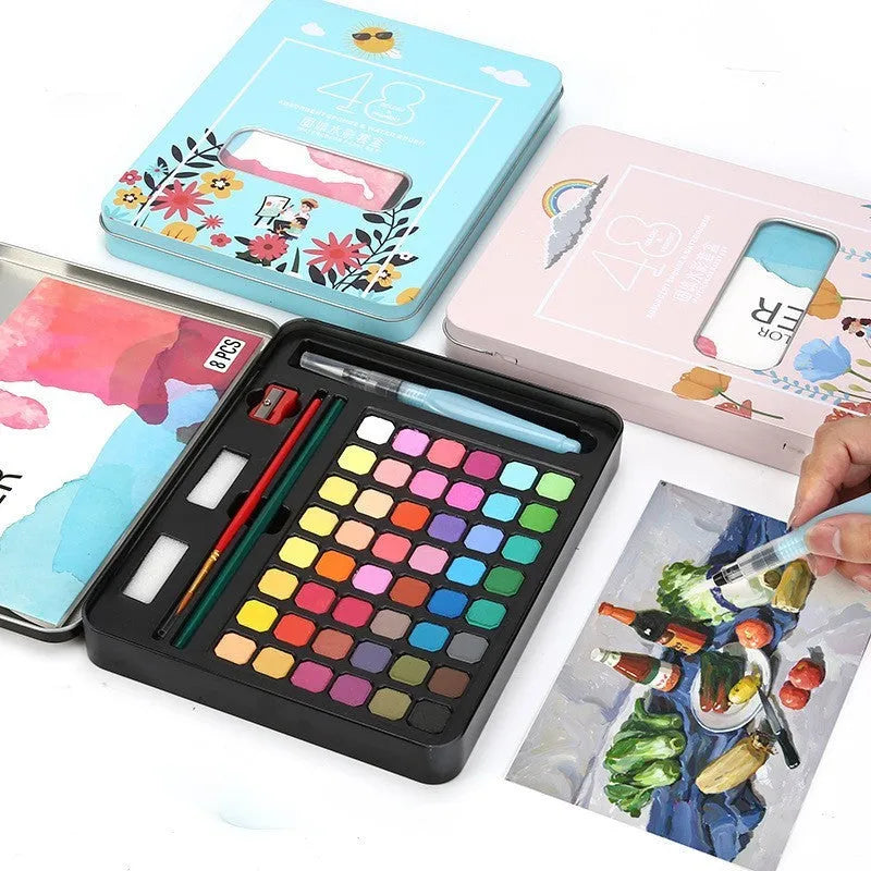 48-colour solid watercolour paint set in box with Black Knight, Girl Pink, and Sunshine Blue shades