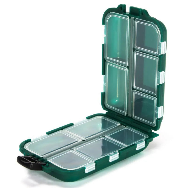 Green plastic fishing tackle storage box with 10 internal grid compartments for organisation