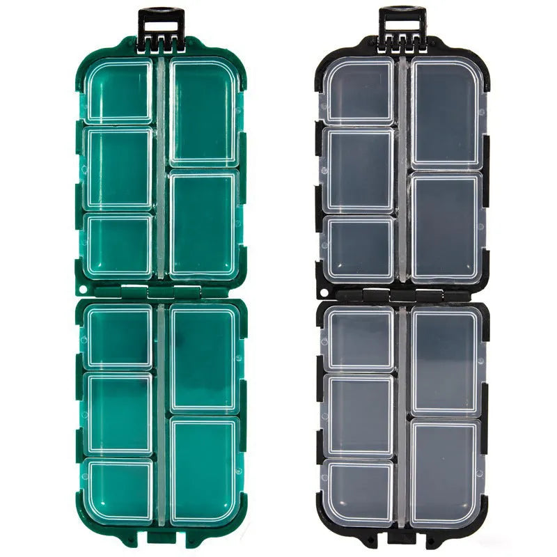 Green plastic fishing tackle storage box with 10 internal grid compartments for organisation