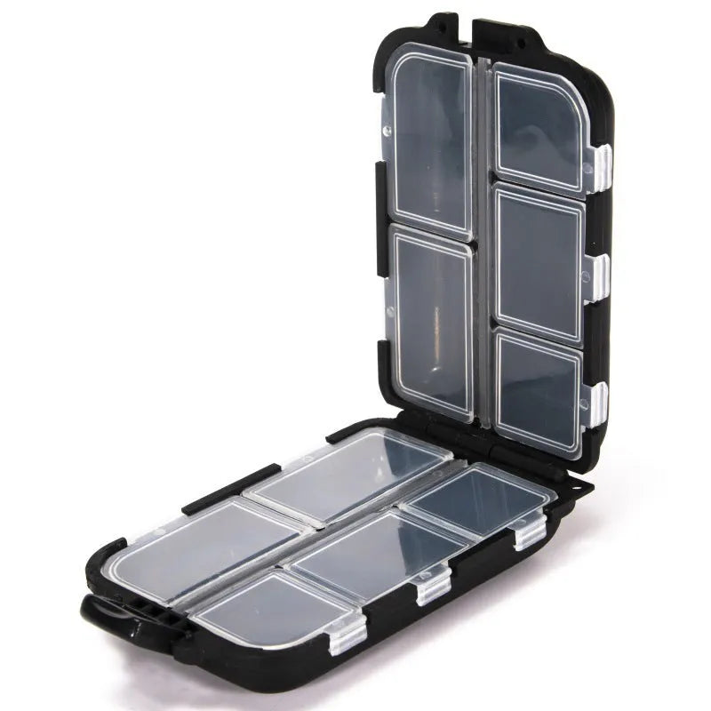 Green plastic fishing tackle storage box with 10 internal grid compartments for organisation