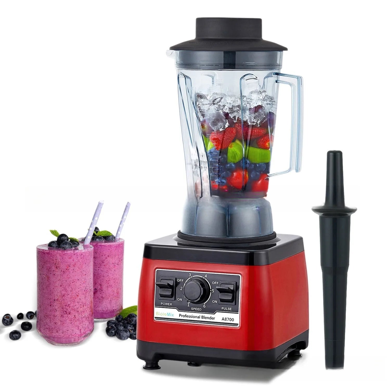 Red commercial blender with 2200W motor and 2-litre capacity for industrial food preparation