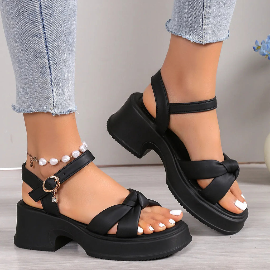 Black women's thick-heel slippers with skirted romantic style design and round toe