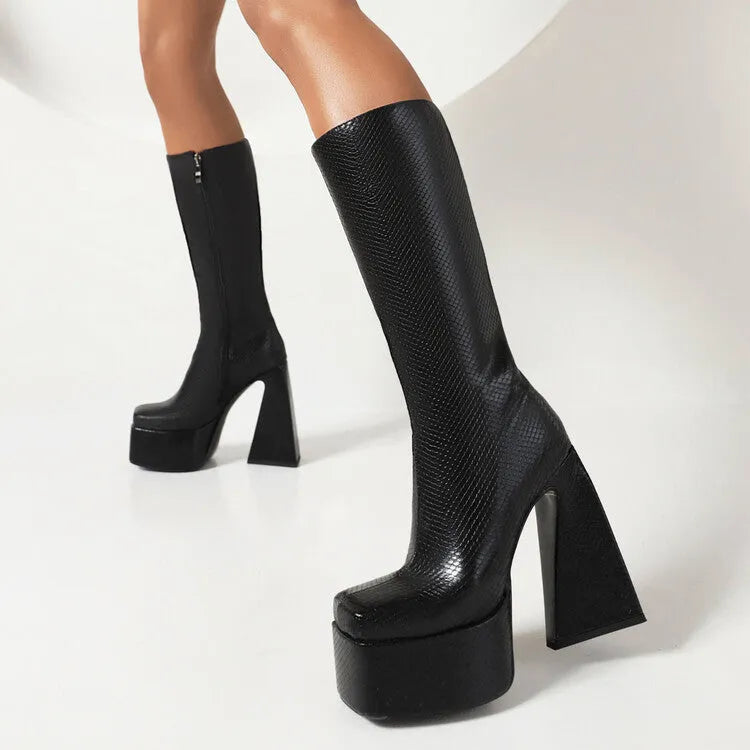 Women's black high boots made from artificial PU leather showing ankle-high casual design
