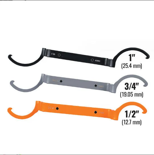 H251 specification three-piece wrench set showing orange, grey and black crescent, magnetic suction and catheter locking tools