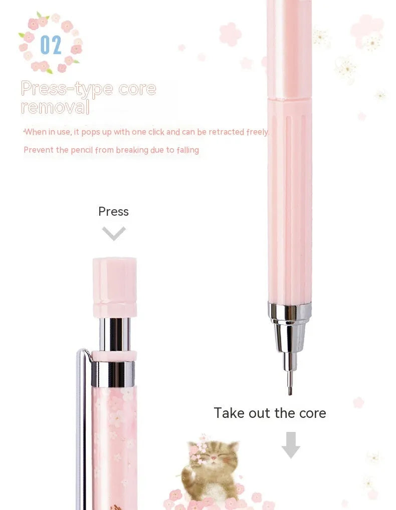Three Sakura-design automatic pencils with mixed colours and 0.5mm HB refill boxes