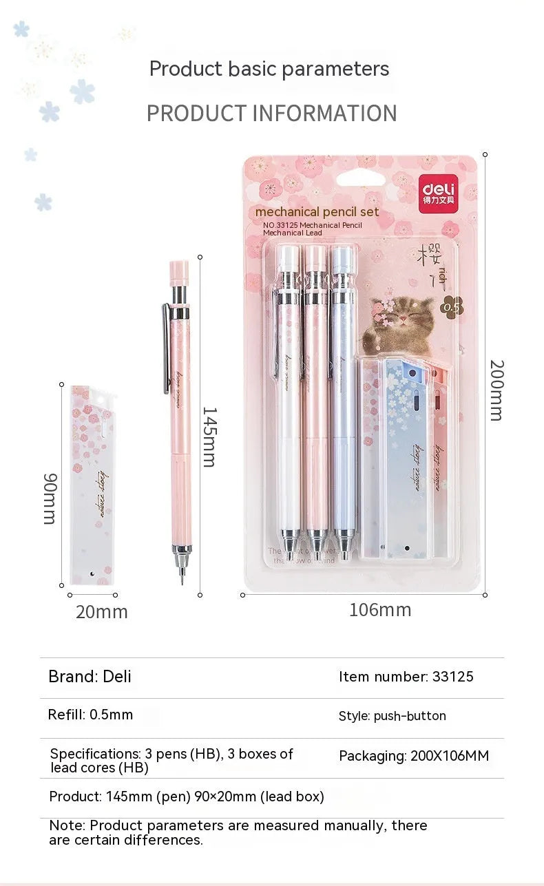 Three Sakura-design automatic pencils with mixed colours and 0.5mm HB refill boxes
