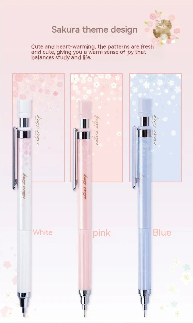 Three Sakura-design automatic pencils with mixed colours and 0.5mm HB refill boxes