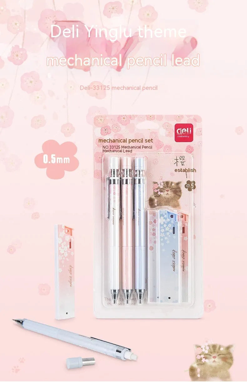 Three Sakura-design automatic pencils with mixed colours and 0.5mm HB refill boxes