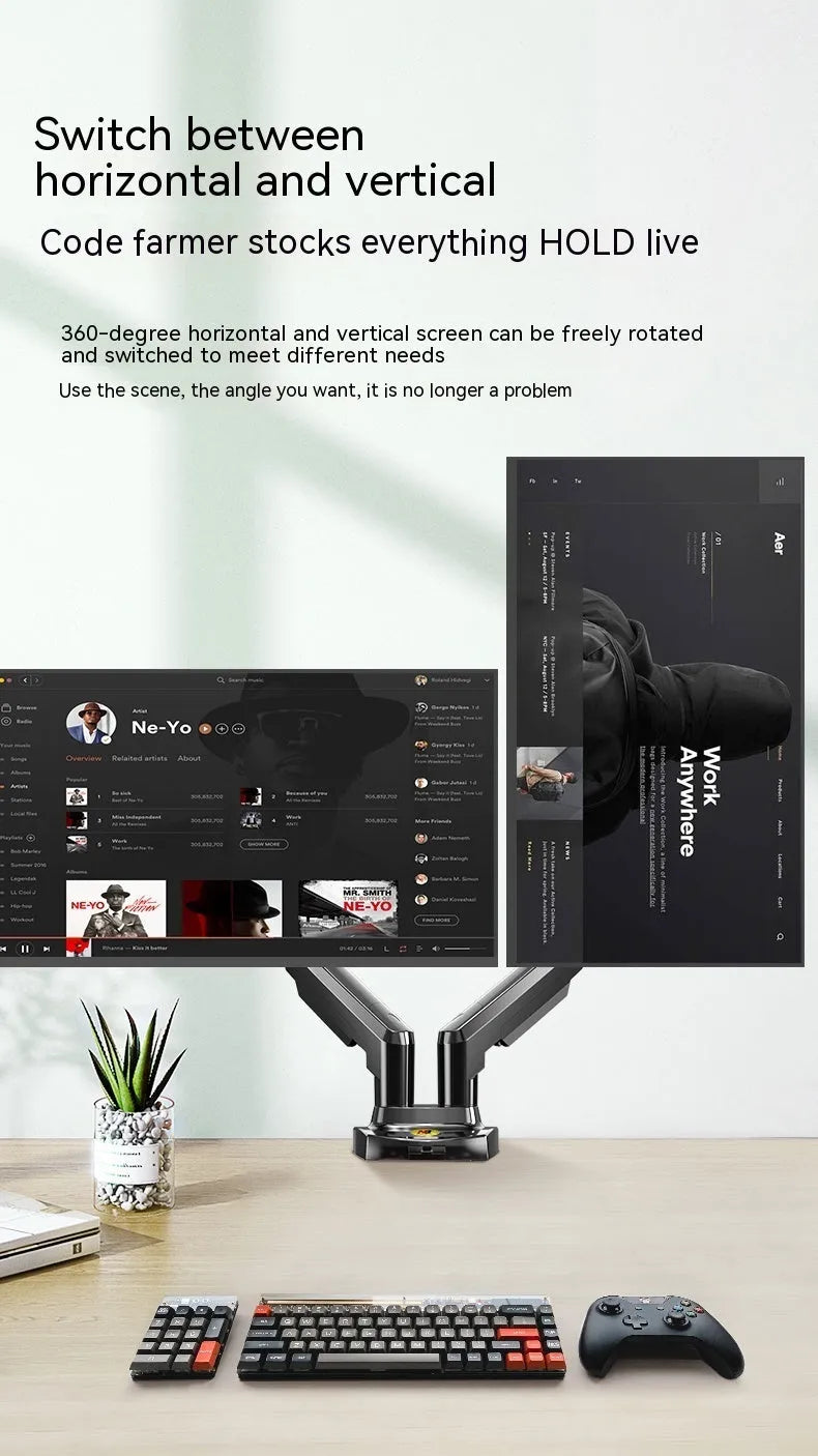 Dual screen lifting monitor bracket made of aluminium alloy and black plastic for VESA mounts.