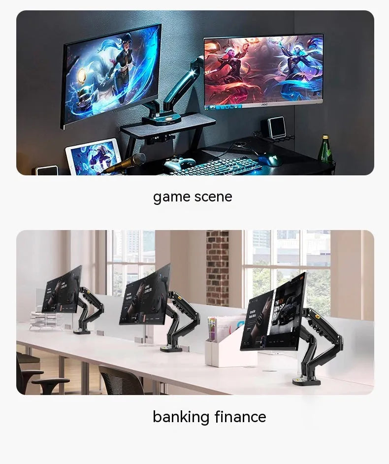 Dual screen lifting monitor bracket made of aluminium alloy and black plastic for VESA mounts.