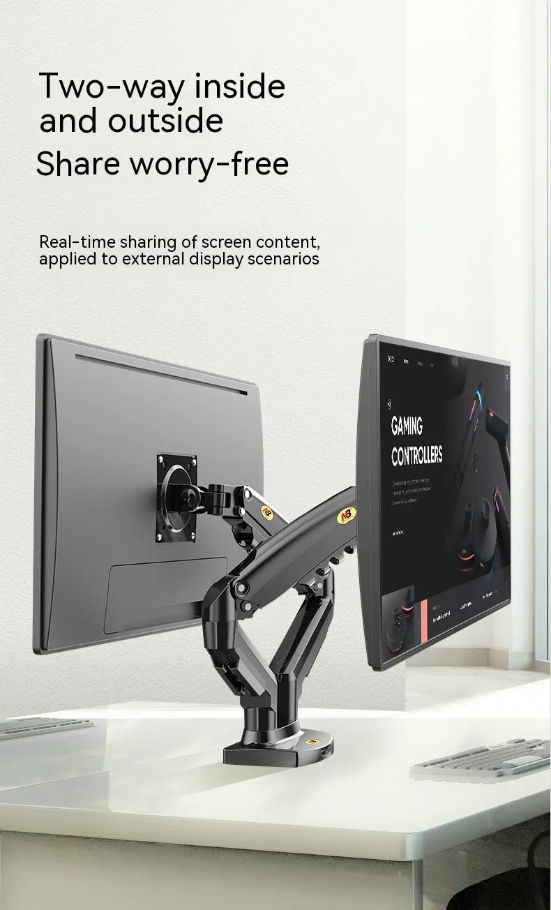 Dual screen lifting monitor bracket made of aluminium alloy and black plastic for VESA mounts.