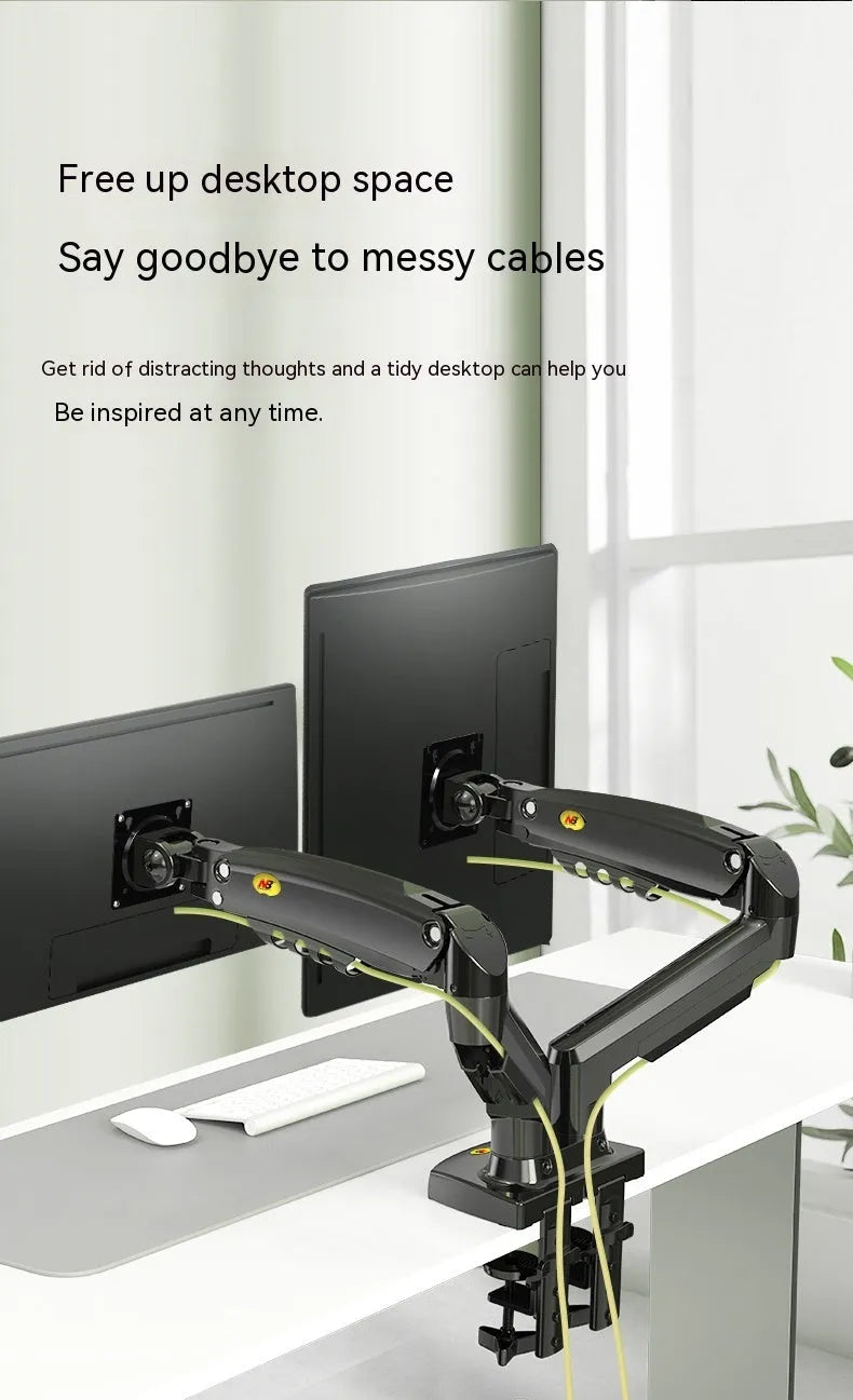 Dual screen lifting monitor bracket made of aluminium alloy and black plastic for VESA mounts.